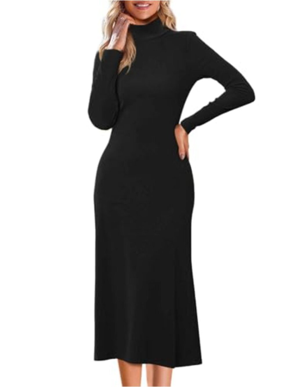 Turtleneck Ribbed Knit Maxi Dress Long Sleeve Flowy